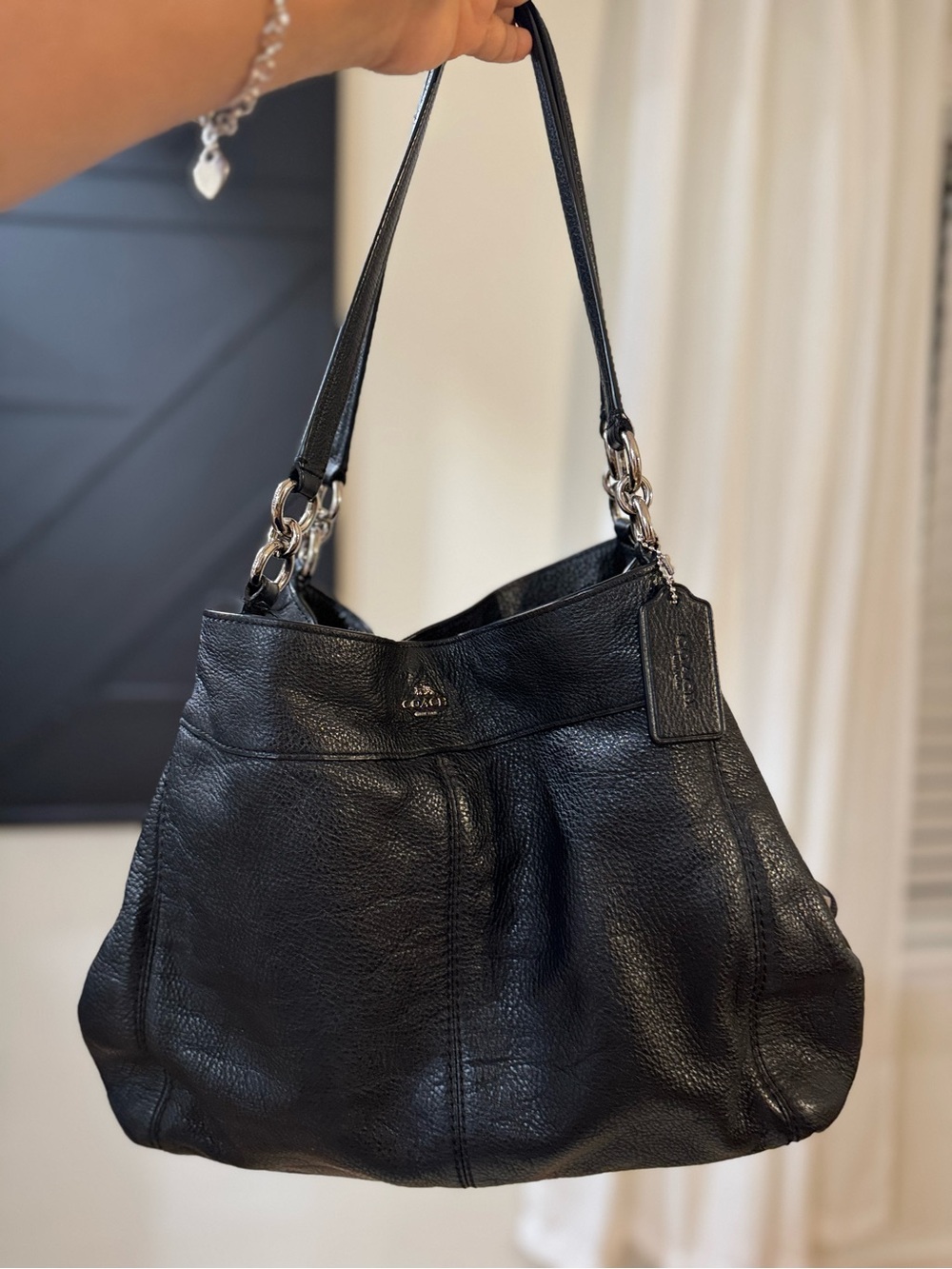 Coach Black Pebbled Leather Shoulder Bag with Silver Hardware